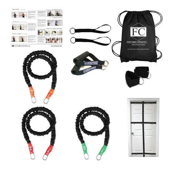 small home gym with 3 resistance bands that stack, handles, straps, cuffs and full door anchor
