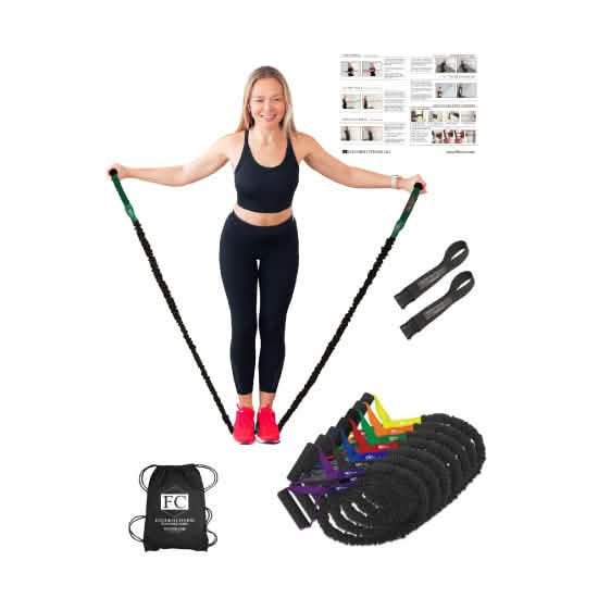 Resistance Band Home Gym system with exercise bands that have handles built in. Comes with 2 anchors