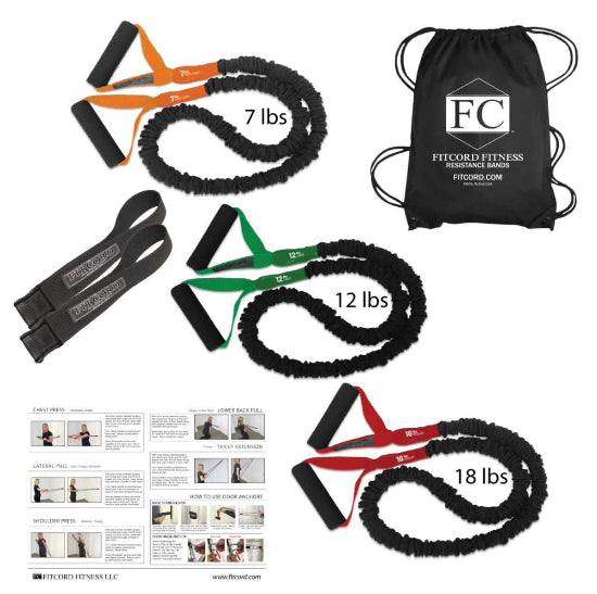 Starter resistance band home gym for strength training. Made in America. Covered for safety. Long lasting. Padded handles. Comes with 3 exercise bands, anchors, carry bag to make it easy to put away or travel with and a workout guide.
