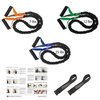Thumbnail for Resistance strength stretch band style home gym that is easy to take on the plane, pack in your suitcase, use in a hotel or at the office. Because this bundle has a Very light band  for warm up, plus a Light and Heavy band, it makes for the perfect workout no matter where you are. This exercise gym make the perfect traveling companion.