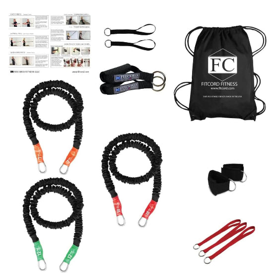 Home gym with 3 stackable bands, wrist straps, ankle cuffs, 3 anchors, rubber grip handles, and bag