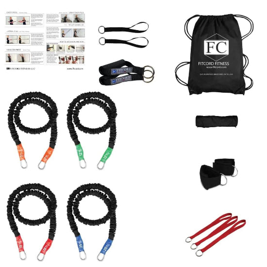 Home gym with 4 stretch bands that allows you to change the resistance level, 2 wrist straps, 2 rubber handles, band wrap, ankle cuffs and anchors
