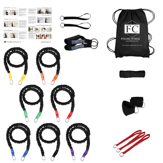 Full Resistance band home gym with 7 cords from 3lb to 55lb of resistance, rubber grip handles, wrist straps, ankle cuffs, band wrap and 3 anchors