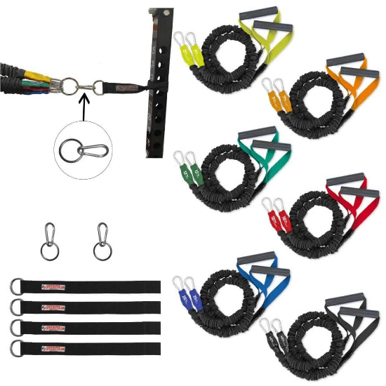Power rack Arm and Shoulder Band Home Gym. Set of 6 bands from 7lb-40lb. Compare to Crossover Symmetry, but made in America