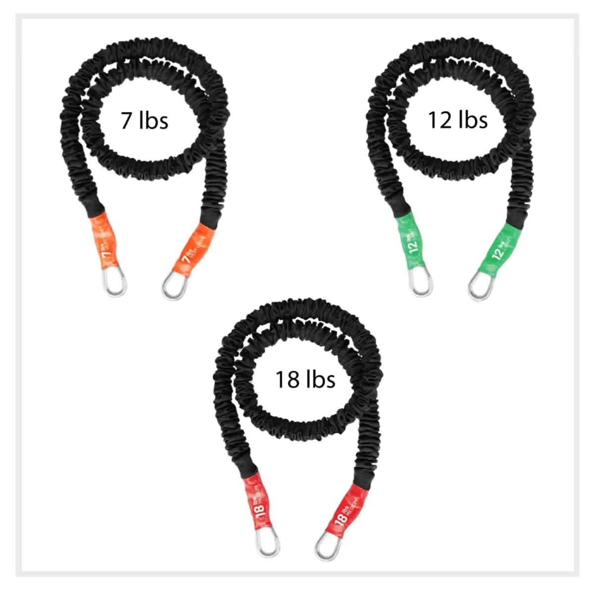 stackable resistance bands for tension and muscle building exercises. Great for Home gym, pilates, crossfit, bodybuilding weight lifting, personal trainers, and yoga. These Fitness ropes are 4ft long with detachable handles.