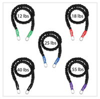 Thumbnail for Set of 5 Covered stackable workout bands. 12lb, 18lb, 25lb, 40lb and 55lb bands included in this set of bands. The quick clips are designed to be used with handles, cuffs, straps and workout bars. These versatile bands are covered for safety  and last years. These bands replace your weights and outlast all others on the market today.