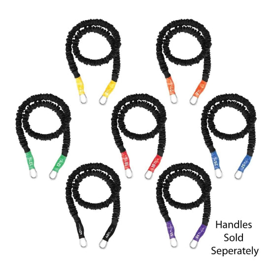 Full set of all 7 resistance exercise bands for home gyms. 3lb, 7lb, 12lb, 18lb, 25lb, 40lb, 55lb are all included