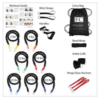 Thumbnail for Complete Resistance Band home gym with stackable covered exercise bands with clips for fast handle changes. This Set of bands includes all 7 of our resistance band levels 3lb Ultra Light, 7lb Very Light, 12lb Light, 18lb Medium, 25lb Heavy, 40lb Very Heavy and 55lb Ultra Heavy for a combined resistance of 160 pounds. Also includes handles, cuffs, Wrist and Foot Straps, Carry Bag, Anchors and Band sleeve wrap