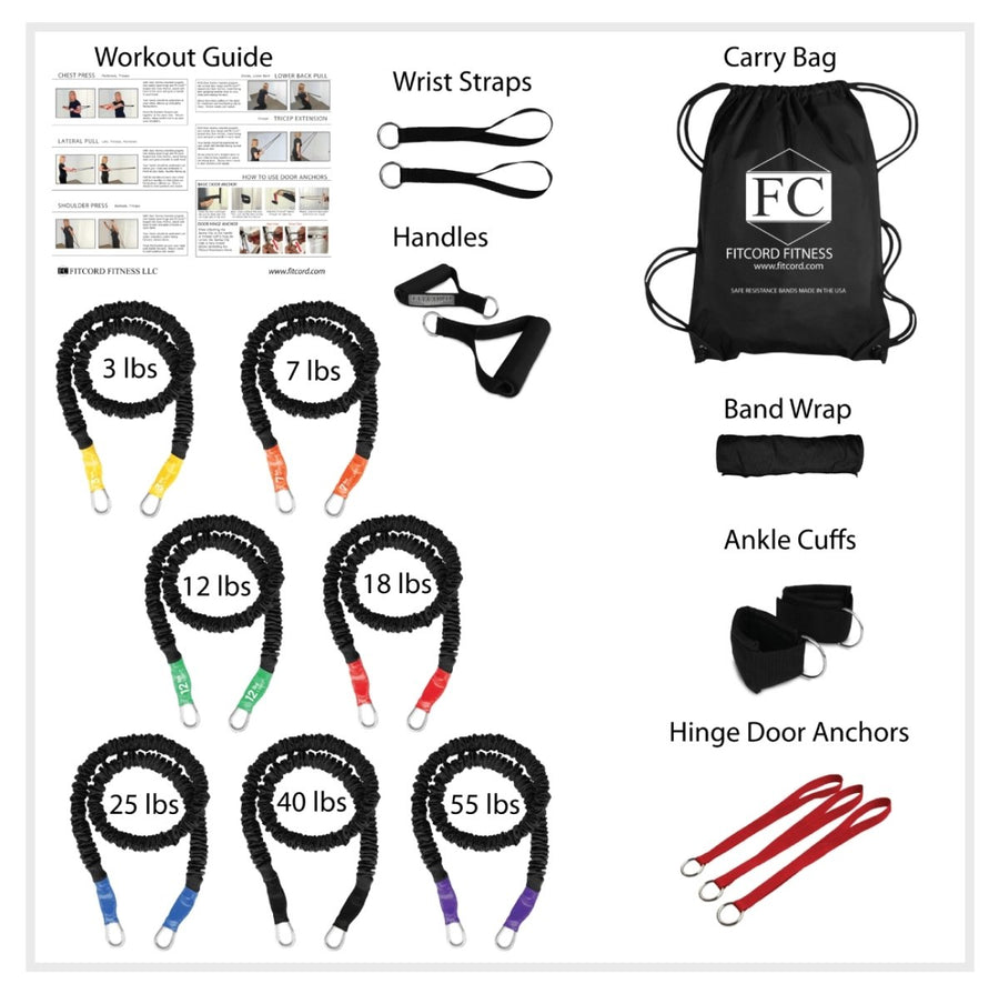 Complete Resistance Band home gym with stackable covered exercise bands with clips for fast handle changes. This Set of bands includes all 7 of our resistance band levels 3lb Ultra Light, 7lb Very Light, 12lb Light, 18lb Medium, 25lb Heavy, 40lb Very Heavy and 55lb Ultra Heavy for a combined resistance of 160 pounds. Also includes handles, cuffs, Wrist and Foot Straps, Carry Bag, Anchors and Band sleeve wrap
