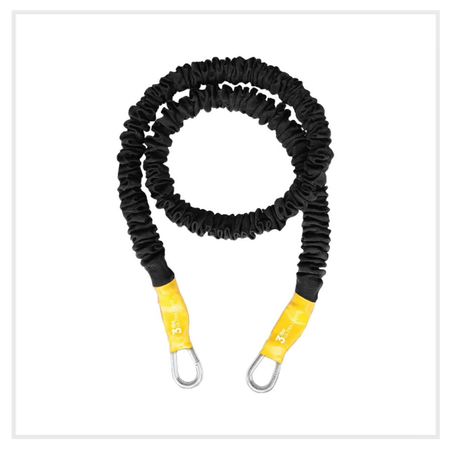 3lb Ultra Light resistance band for beginners or adding a small amount of resistance to other stackable bands. Quick Clips make for fast easy transition from handles to cuffs, foot straps or fitness bars. American Made and designed to last year.