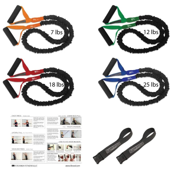 FitCord Resistance Band home gym. Includes set of 4 Covered American Made Exercise Bands with Handles, Anchors and Workout Guide. Great for Home gym, pilates classes, outdoor workouts, weight loss, Body Toning, Increasing mobility or just staying healthy and fit. The Safety sleeve cover protects you and the band from snapping back and causing injury. Proven to be the best resistance bands, the longest lasting exercise band and the highest quality exercise cord on the market today.