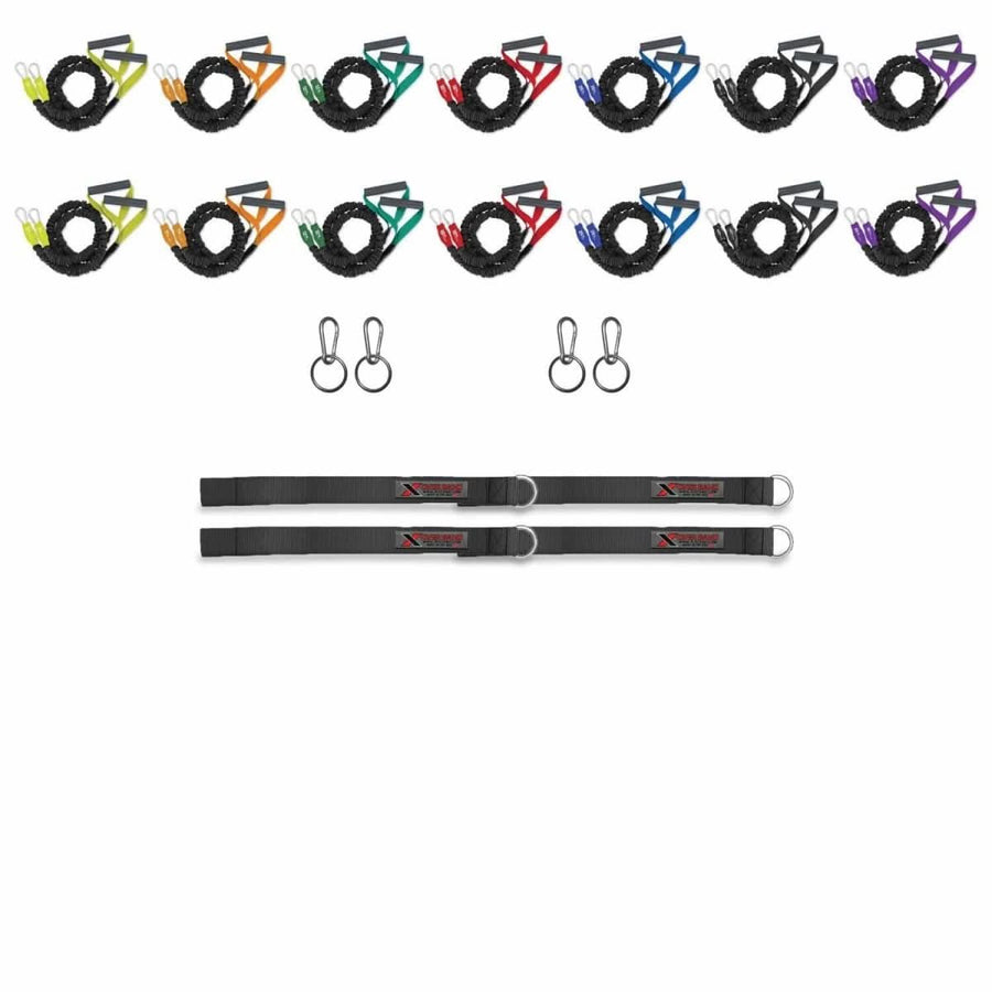 RACK SYSTEMS OF ARM AND SHOULDER BUNGEE COVERED RESISTANCE BANDS FOR CROSSFIT BOXES AND GYMS