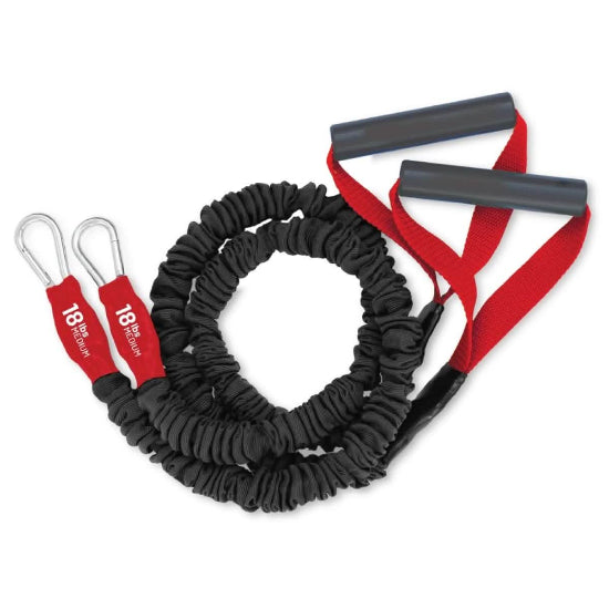 18lb cable crossover style band for building arm, shoulder, back and rotator cuff strength. Warm up before working out to avoid injury. Covered for safety and made in america