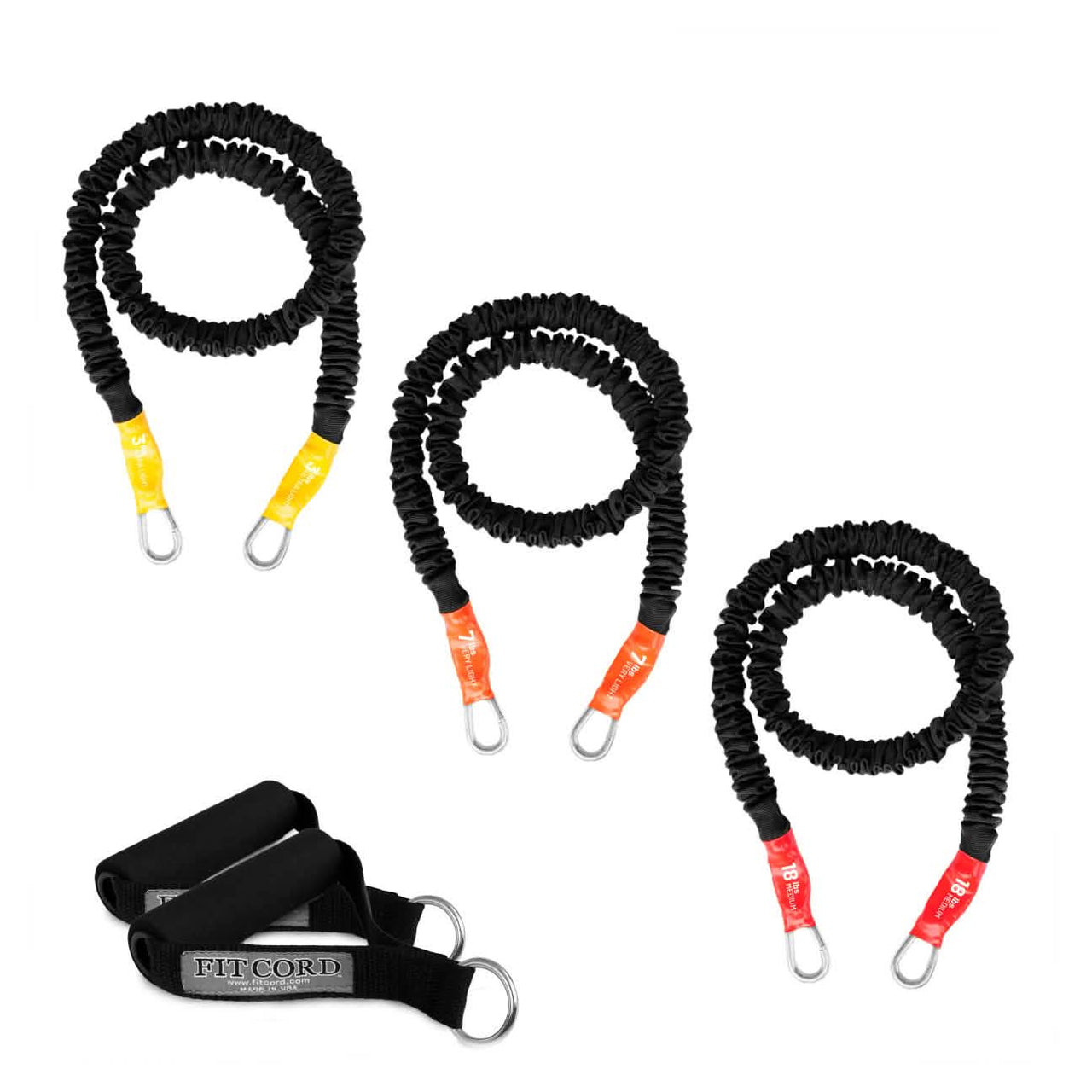Starter kit stackable resistance bands covered for safety. These stackable bands come with a 3lb, 7lb and 18lb band and includes a padded handle. 
