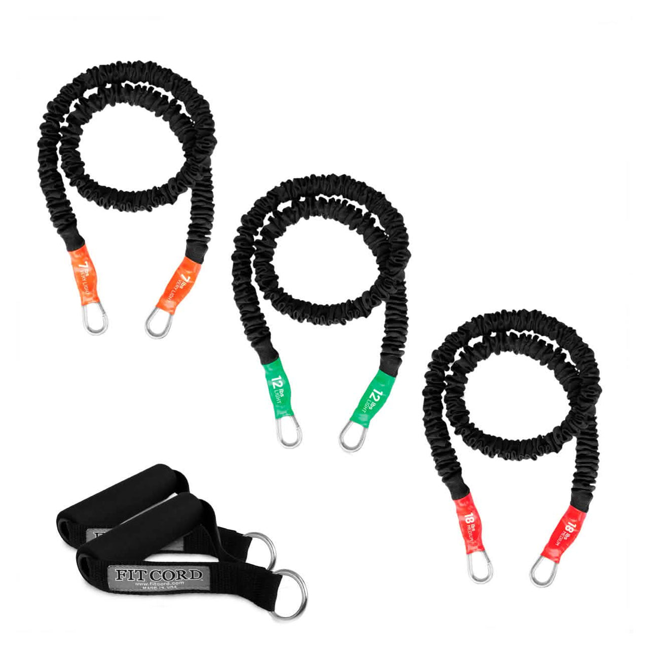 Mini home gym kit. This kit includes 3 stackable covered resistance bands and a set of handles. The bands include A 7lb, 12lb and 18lb.