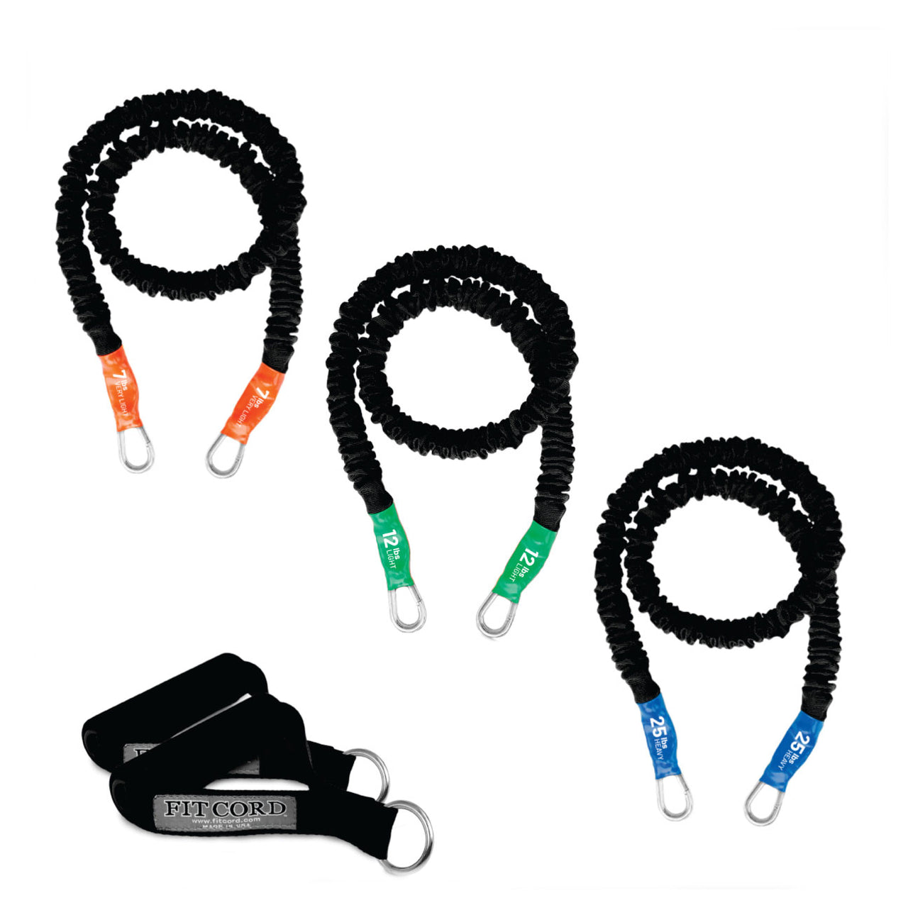 3 exercise bands for home workout. Include this kit in your home gym. Very light, Light and Heavy bands included, along with a set of padded handles. 