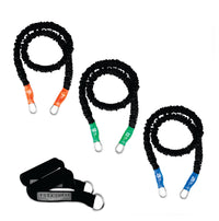 Thumbnail for 3 exercise bands for home workout. Include this kit in your home gym. Very light, Light and Heavy bands included, along with a set of padded handles. 