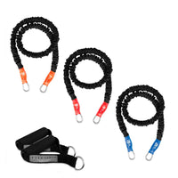 Thumbnail for Set of exercise bands with handles. Great addition to your home gym. This kit includes 3 safety covered resistance bands from light to heavy and a set of padded handles. 