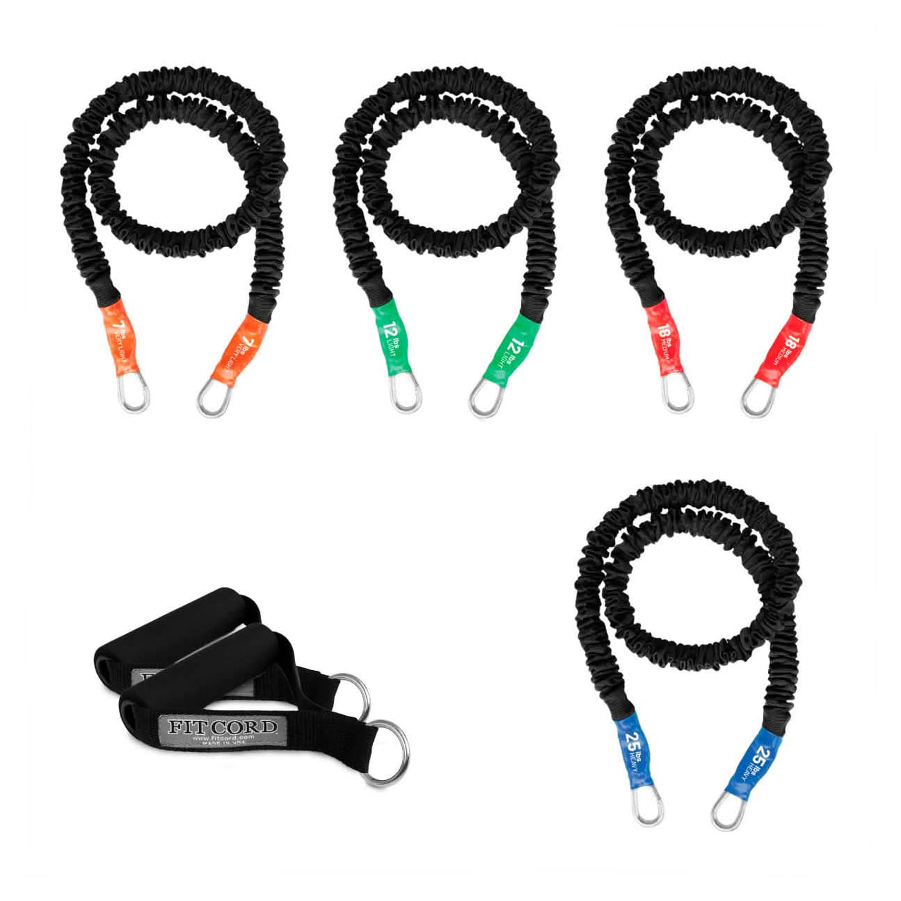 FitCord Body Sculpting Band kit that includes covered stackable resistance bands for exercise. This kid comes with 4 bands and handles. Because you can add more than 1 band to the handles, you control the resistance level. 