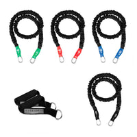 Thumbnail for Set of FitCord Resistance Bands with handles. This set of 4 stackable covered resistance bands come with a handle, light band, medium band, heavy band and a very heavy band. Great for workout, exercise, body building, toning and much more. 