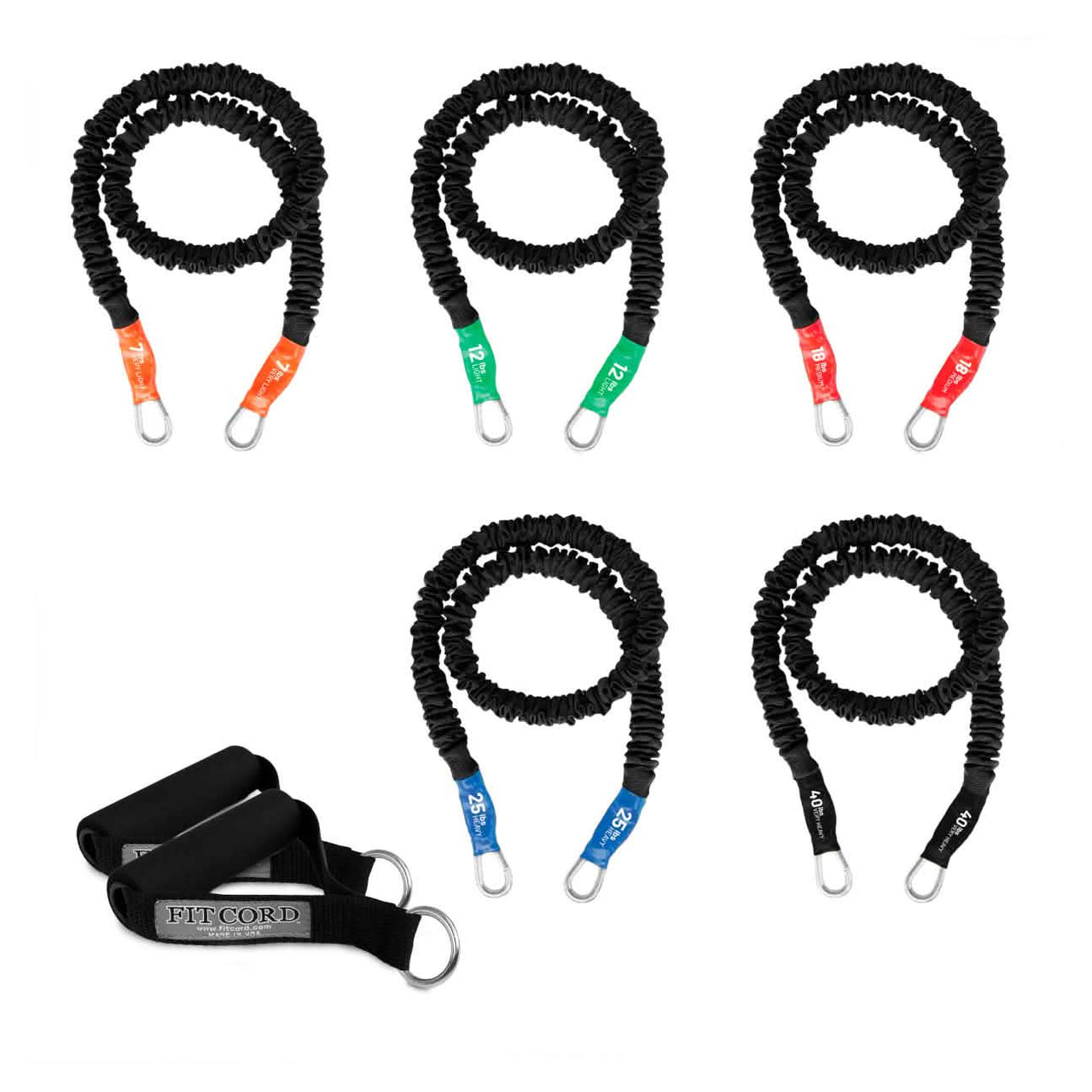 A set of five black body sculpting resistance bands with different resistance levels, each accompanied by a padded handle. The bands are marked with different color-coded labels indicating their resistance levels.