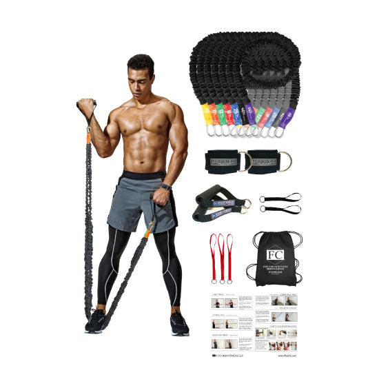 Adjustable home gym with 7 stretch bands , handles, cuffs, straps, anchors and cuffs for fitness and exercise at home