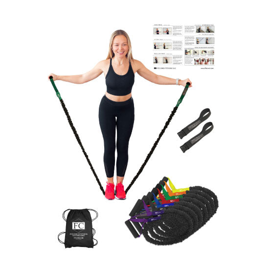 Resistance Band Home Gym system with exercise bands that have handles built in. Comes with 2 anchors