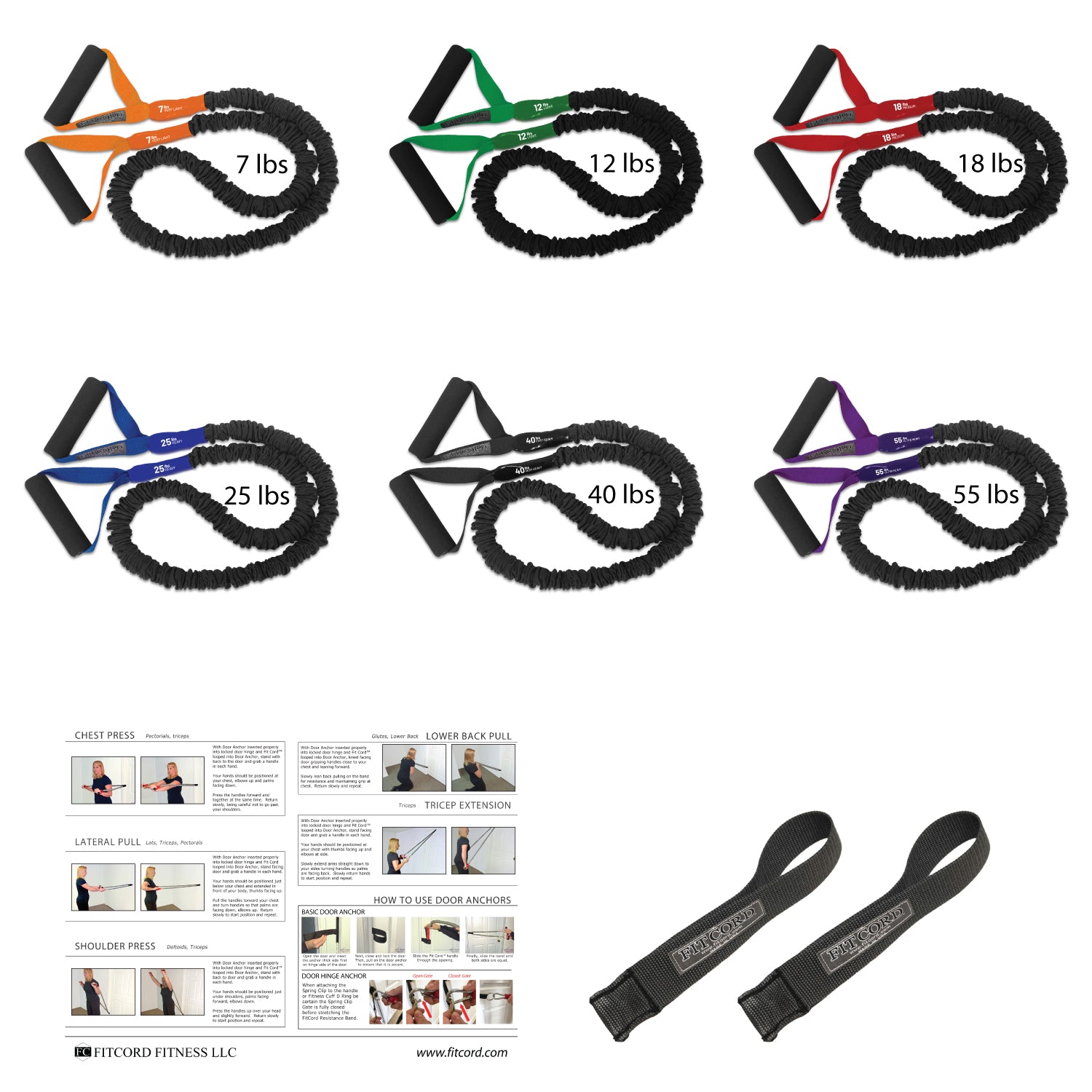 American made covered resistance bands with handles. This home gym includes 6 resistance bands including Very light, light, medium, heavy, very heavy and ultra heavy, plus 2 door anchors. Safer than bands found on Amazon without covers, and last years longer