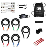 Thumbnail for This Body Sculpting Band home gym comes with 5 different resistance strength training bands, cuffs, handles, straps, and anchors. Plus a cloth band wrap to keep them together when you stack them to control the resistance during stretching.  