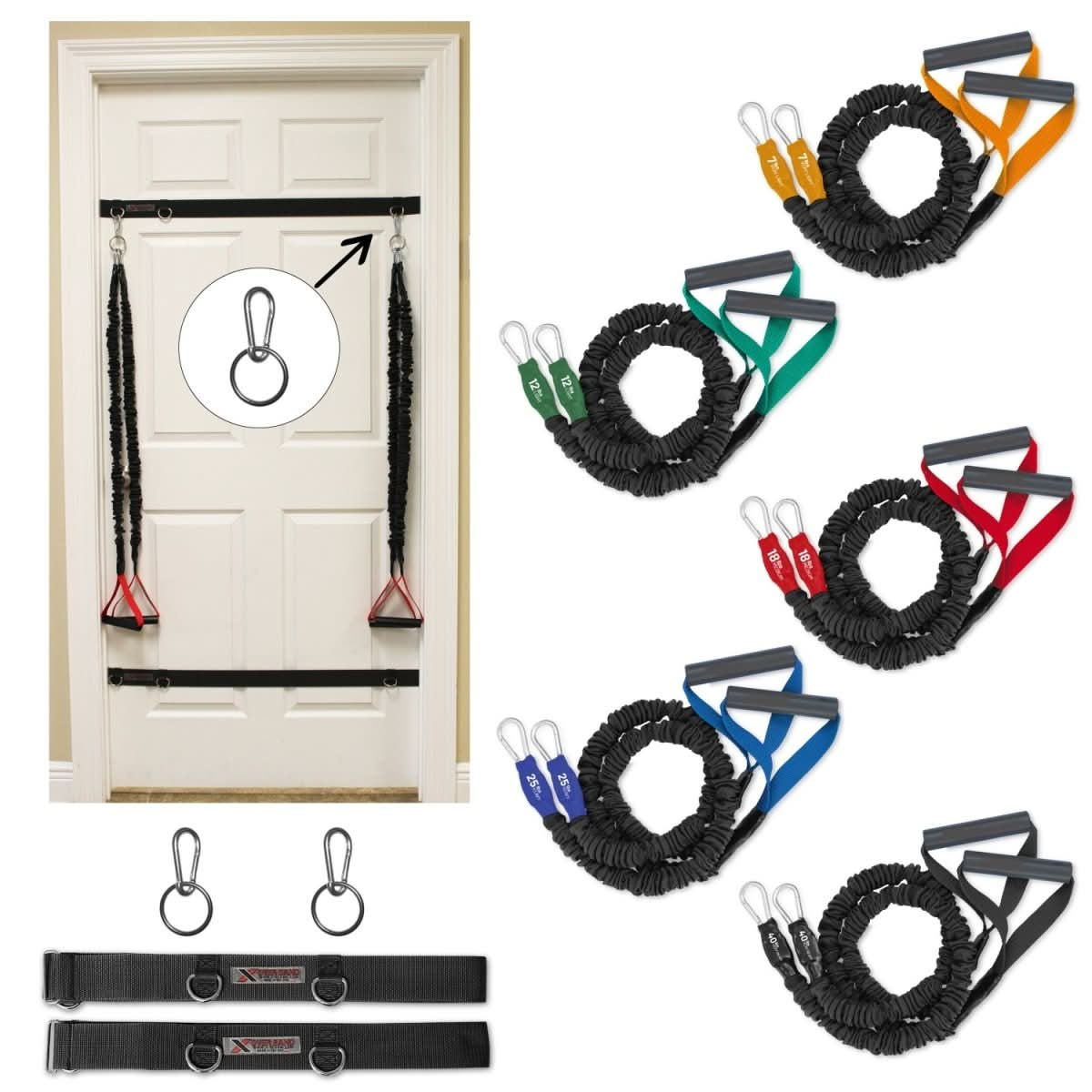 Home gym for Arm and shoulders. Cable crossover exercise at home. Comes with 5 bands from 7lb-40lb and door anchor straps. 