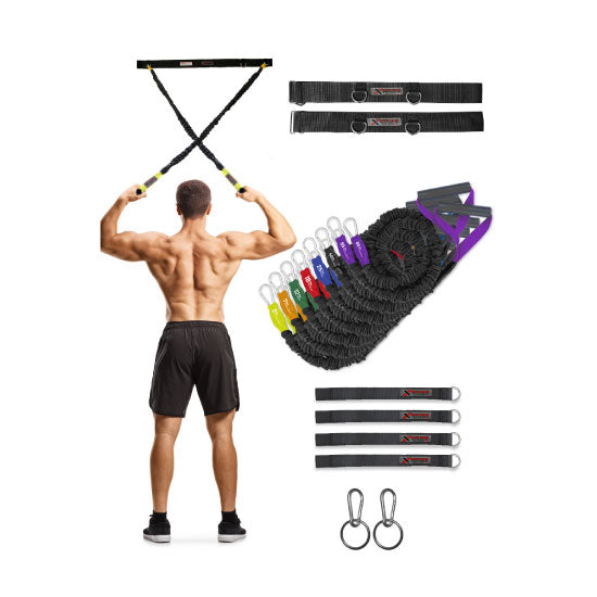 Arm and shoulder stretch and exercise system that includes bands and anchors. Compare to Crossover Symmetry rehab systems