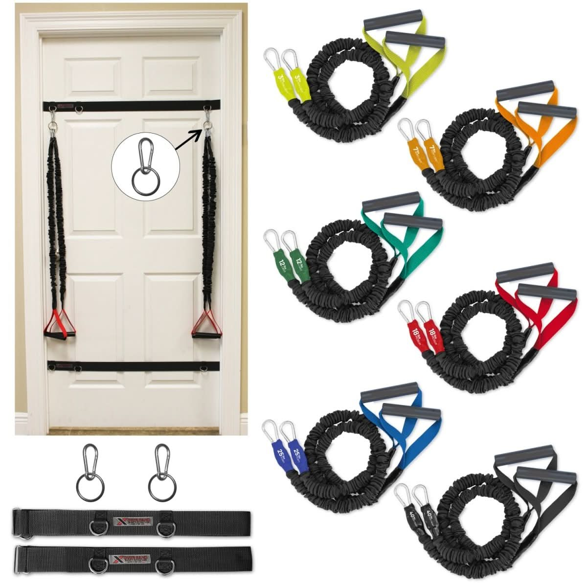 6 band Home Gym for Arm, Shoulder and back strengthening. Comes with bands from 3lb to 40lb, and door anchor straps. Made in American, Covered for safety  and lasts for years.