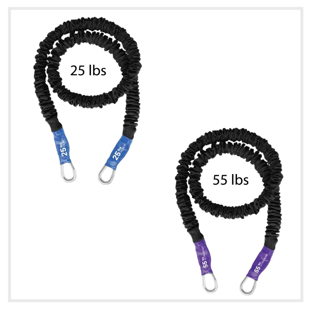 Set of 2 bungee style resistance bands with clips for stacking. Covered for safety and proven to last more than 5 years without snapping. Includes a Heavy 25lb  and a Ultra Heavy 55lb resistance level bands for a total of 80lbs of resistance when stacked. 