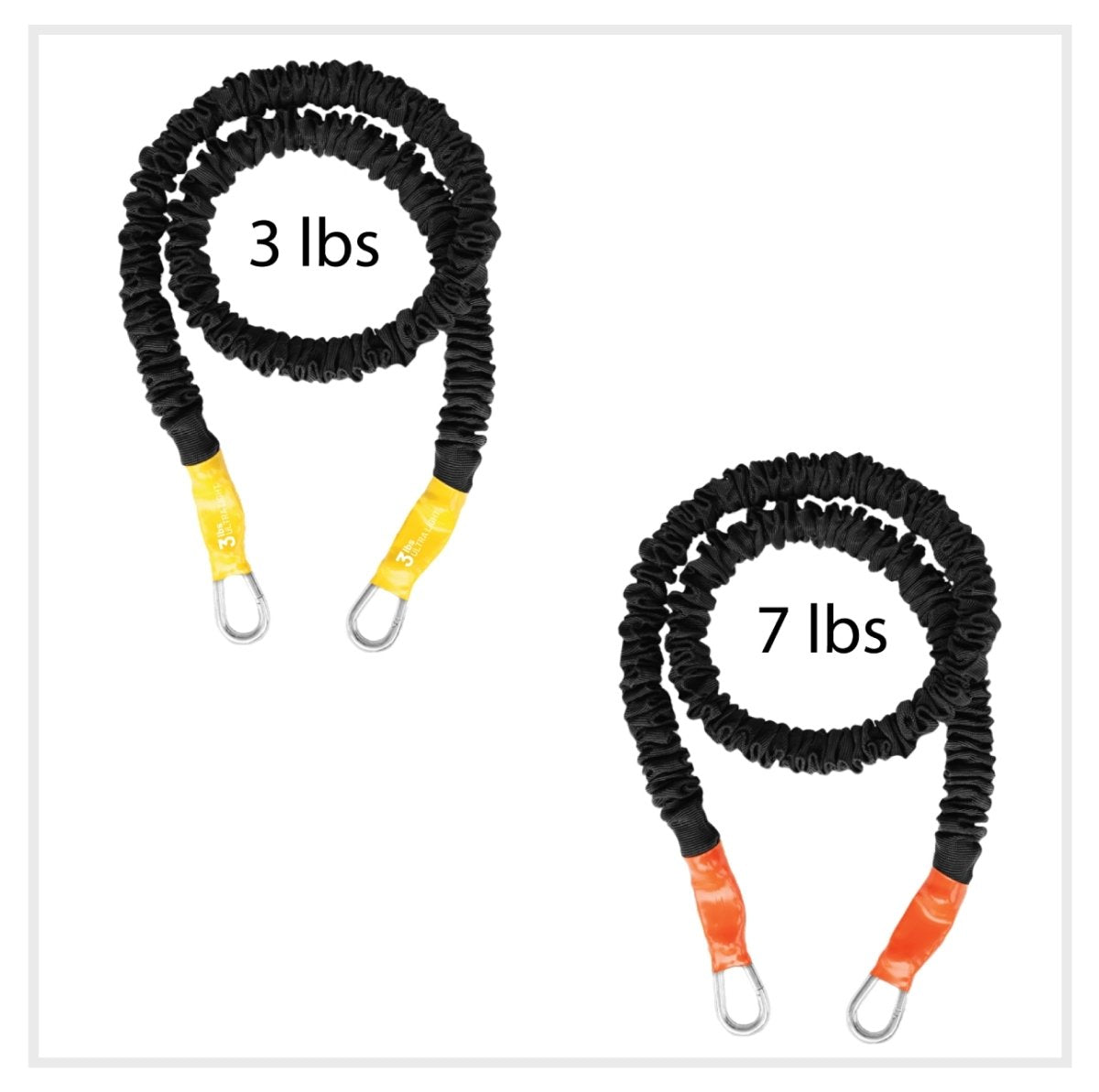Ultra light and Very light covered resistance bands for stacking. 3lb and 7lb tension bands with clips for stacking or to use with cuffs, straps and resistance fitness bars. Together this set of bands are 10lbs of resistance for beginners or to add to other bands for more resistance level control. Made in American by FitCord 
