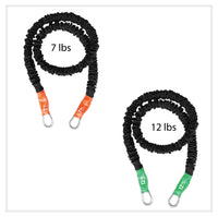Thumbnail for Set of 2 Resistance bands with clips. Covered for safety and designed to protect the user from breakage. Use these bands together for 19lb of resistance or alone as 7lbs or 12lbs of resistance. Great for fitness cuffs for ankle and wrists, straps, fitness/ workout bars and alone with handles.  For use by beginners, intermediate and advanced fitness levels. Great for indoor home gyms, outdoor home gyms, fitness classes such as yoga, crossfit and Hiit classes and more. 