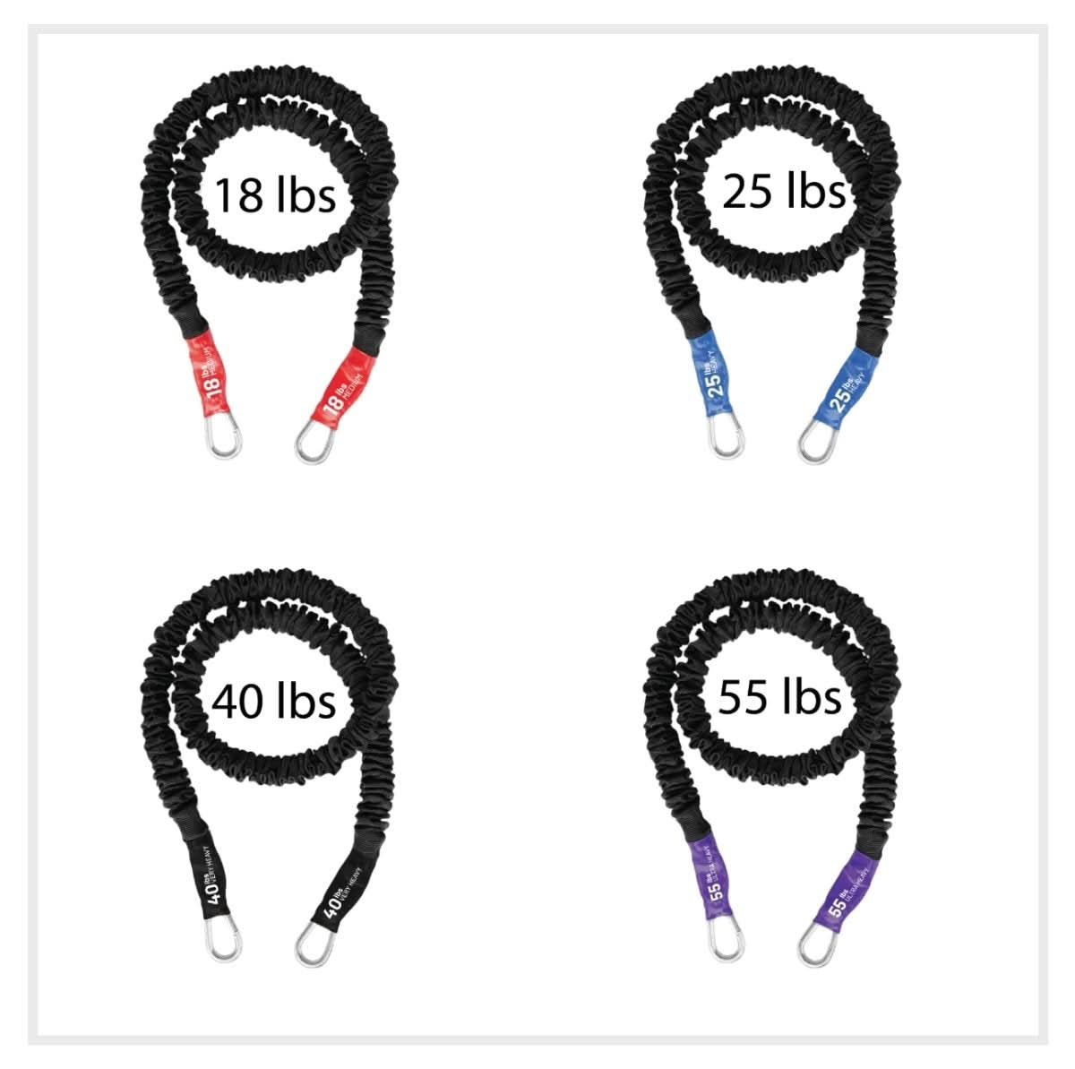 Body Sculpting Band 4-Pack (18lb/25lb/40lb/55lb) - FitCord Resistance Bands American made resistance bands stackable covered bands with changeable handles for the most versatile band on the market. compare to stroops. Great for stacking. Build muscle, tone body, lose weight or increase mobility by mixing these bands up for different resistances. Stack all bands for a total of 138lbs