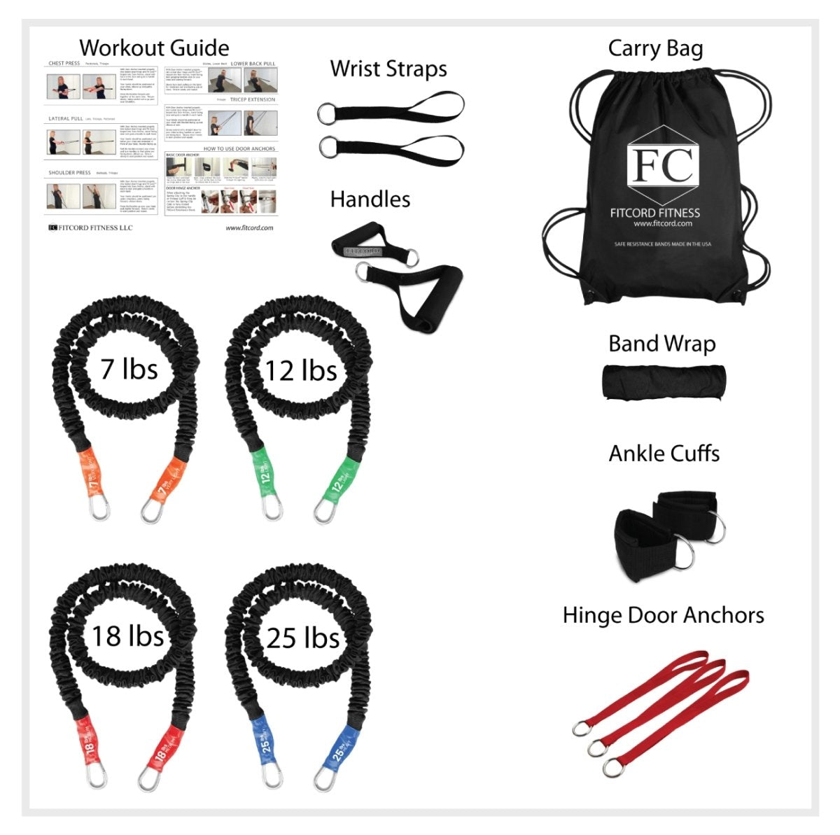 American Made resistance band Home gym. Includes  Very Light 7lb, 12lb Light, 18lb Medium and 25lb Heavy Covered Resistance Bands with clips for stacking. Also comes with Carry Bag, Handles, Cuffs, Straps and Anchors PLUS a Band Wrap to keep stacked bands together when in use.  Last for years, sturdy, safe and versatile. 