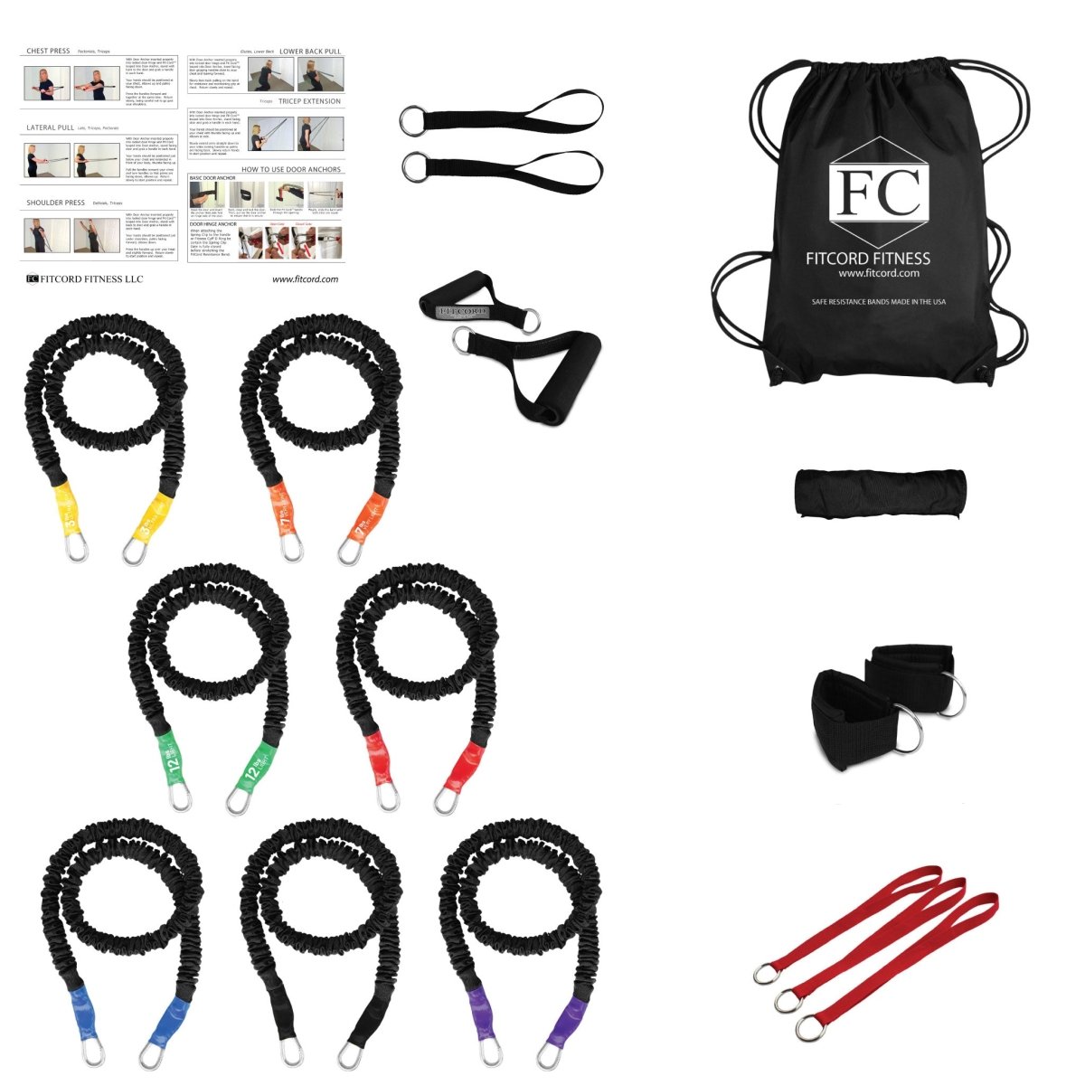 A complete set of resistance bands that completely replaces your gym membership. American Made and covered for safety, this set of 7 bands, handles, cuffs, straps and anchors  is all you need for a complete functional fitness gym at home. 