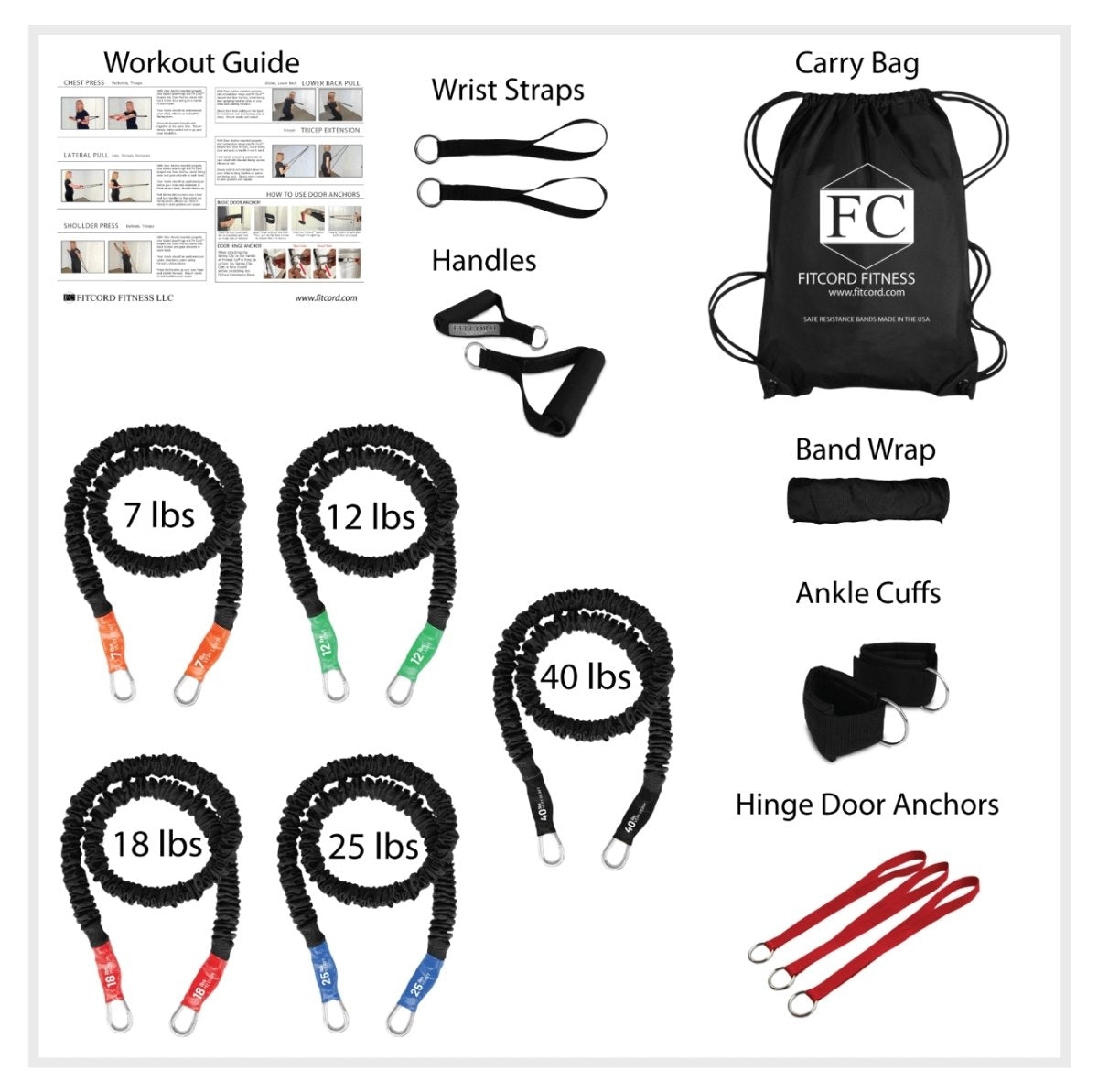 Full Resistance Band home Gym Set Made in America. This USA made product includes 5 of our most popular Resistance Bands. Our 7lb very light, 12lb light, 18lb medium, 25lb heavy and 40lb Very heavy 4 ft Covered resistance bands come with heavy duty clips on each end for quick changing handles or anchors.