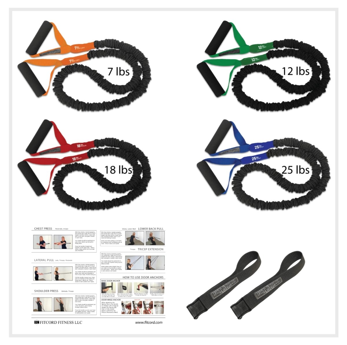 FitCord Resistance Band home gym. Includes set of 4 Covered American Made Exercise Bands with Handles, Anchors and Workout Guide. Great for Home gym, pilates classes, outdoor workouts, weight loss, Body Toning, Increasing mobility or just staying healthy and fit.  The Safety sleeve cover protects you and the band from snapping back and causing injury. Proven to be the best resistance bands, the longest lasting exercise band and the highest quality exercise cord on the market today.