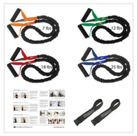 Thumbnail for FitCord Resistance Band home gym. Includes set of 4 Covered American Made Exercise Bands with Handles, Anchors and Workout Guide. Great for Home gym, pilates classes, outdoor workouts, weight loss, Body Toning, Increasing mobility or just staying healthy and fit.  The Safety sleeve cover protects you and the band from snapping back and causing injury. Proven to be the best resistance bands, the longest lasting exercise band and the highest quality exercise cord on the market today.