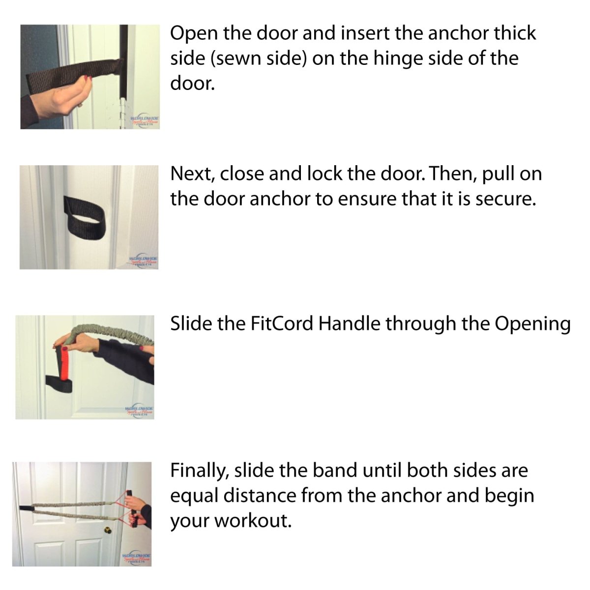 Instructions to use a door anchor for resistance exercise workout bands. FitCord Door Anchor how to guide.