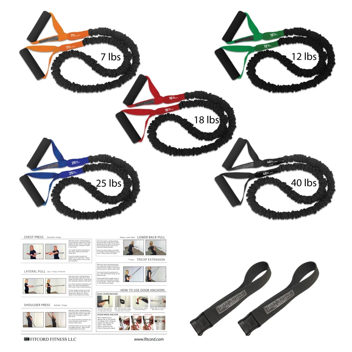 Covered Bungee style exercise band home gym. American made with a lifetime warranty. Comes with 5 bands from Very light to Very heavy resistance levels plus 2 anchors and workout guide. Perfect for a home gym that doesnt take up space in your home.