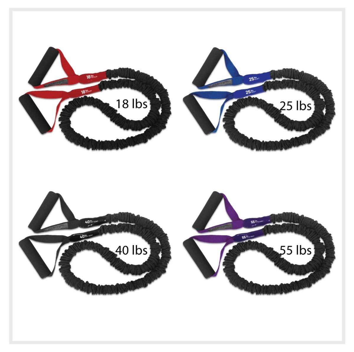 FitCord Resistance Bands 4-Pack (18lb/25lb/40lb/55lb) - FitCord Resistance Bands American made resistance bands with padded handles for building muscle through exercise that require tension . Heavy duty and heavy resistance