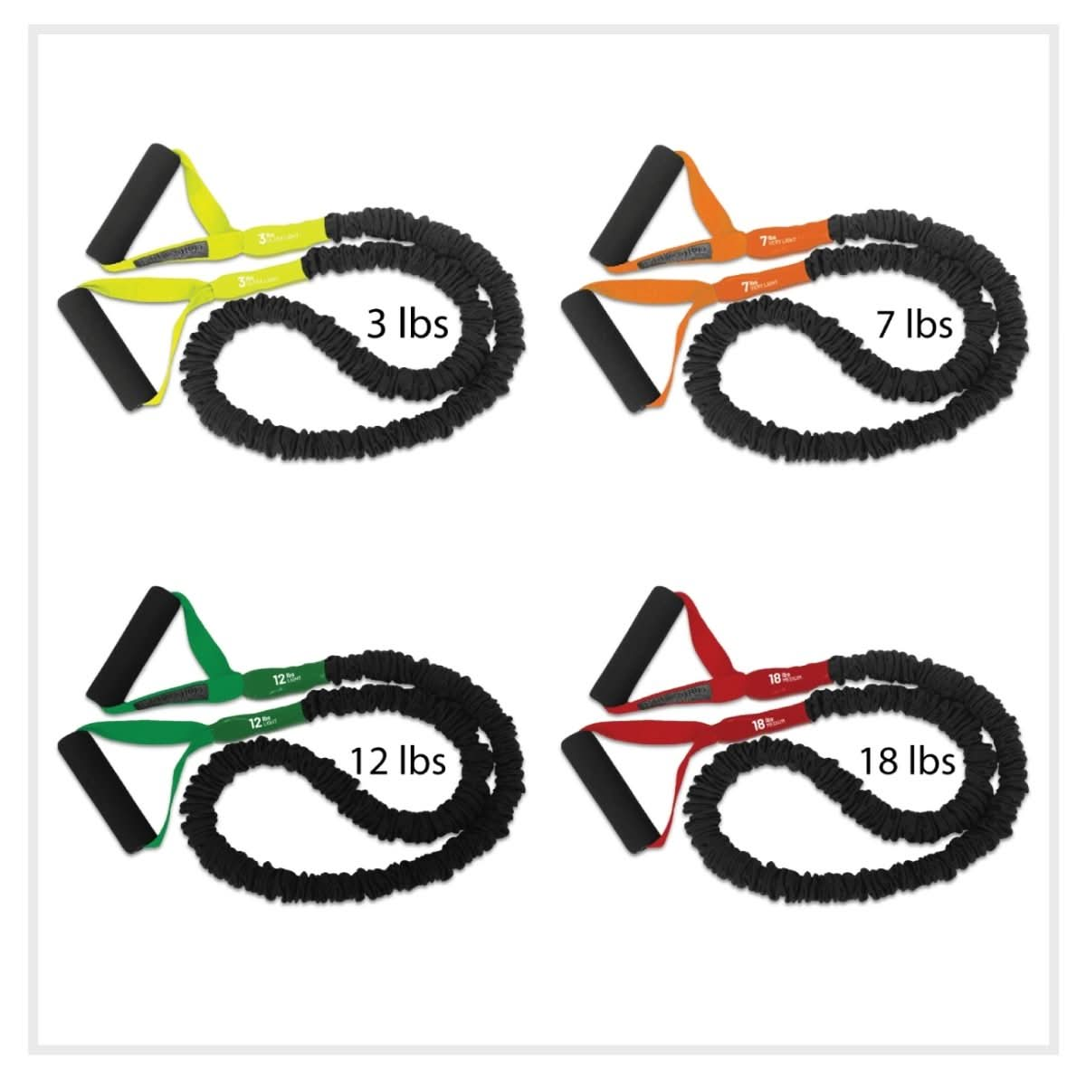 FitCord Resistance Bands 4-Pack REHAB (3lb/7lb/12lb/18lb) - FitCord Resistance Bands Best most affordable low resistance workout bands made in America. Safe and covered with padded handles and great for elderly, physically challenged, beginner, rehabilitation, physical therapy, personal trainers and gyms