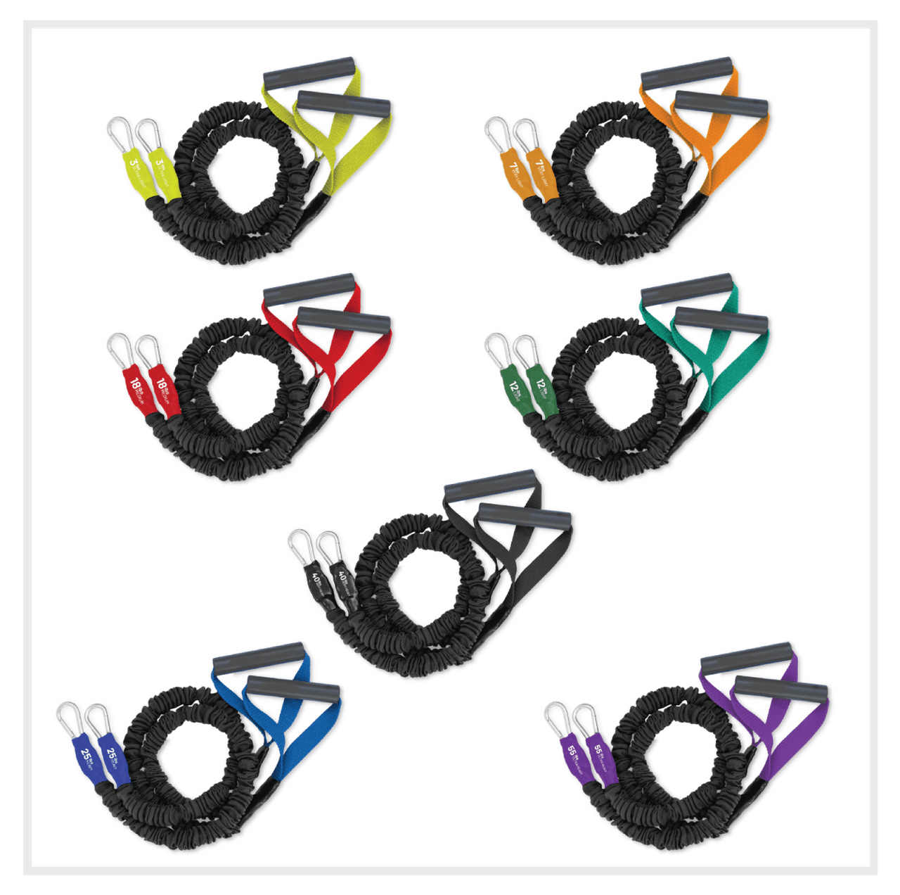 Full set of shoulder and arm resistance bands. Covered for Safety and made in America. These bands come in a set of 2 with a handle and clip on each for forming an X by crossing the 2 bands over and strengthening smaller shoulder muscles. 7 different resistance levels